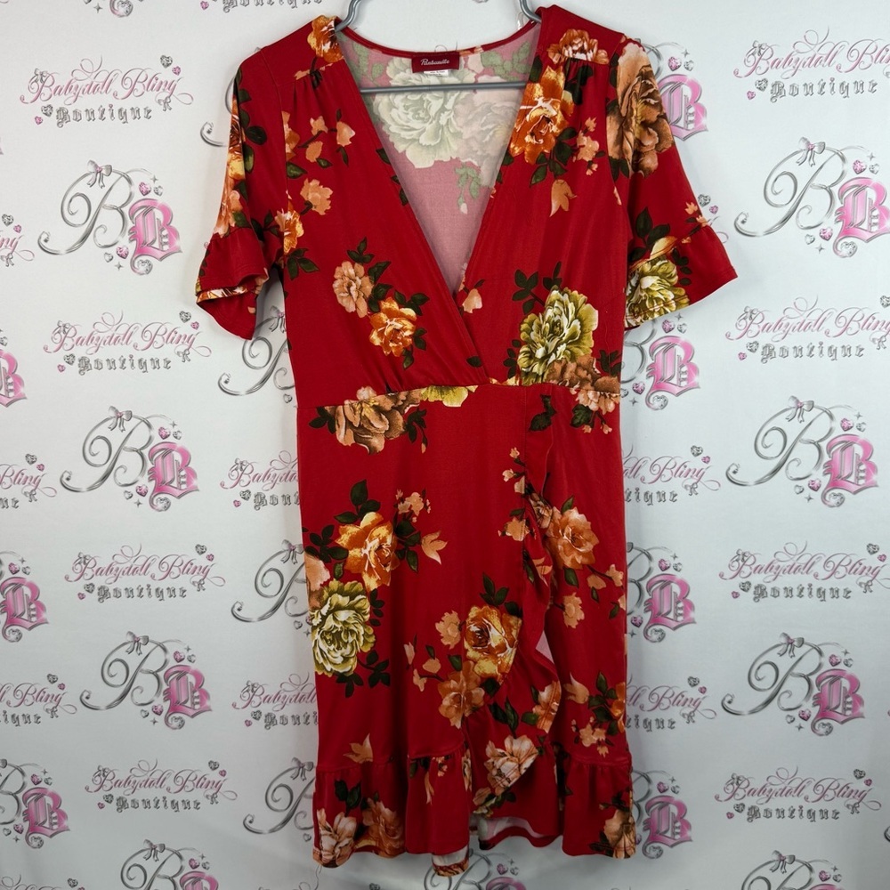 Panhandle dress ruffle trim hem flowers yellow Elegant Red Floral Midi Dress